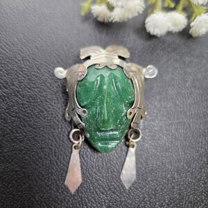 Vtg Alpaca Mexico Taxco Mexico Carved Jade Maya Man Head Mask Brooch